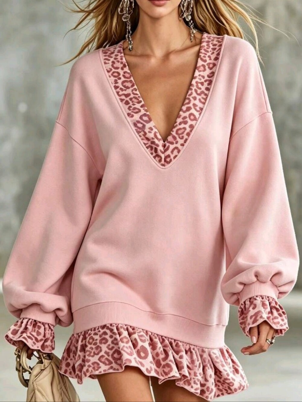 Women's Autumn/Winter New Leopard Print Long Sleeve V-Neck Sweatshirt